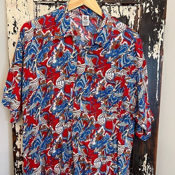 Men’s vintage Batik cotton Asian|Indonesian dragon button down shirt. Size Small - Picture 1 of 9